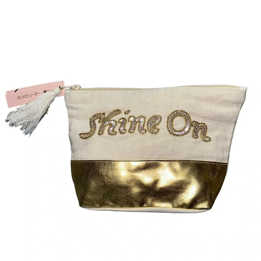 Noir-e-Noire Makeup Bag OS Cream Gold Shine On Sequin Tassel Pouch NEW‎